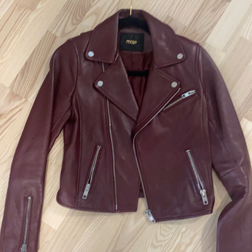 Maje biker leather jacket in maroon